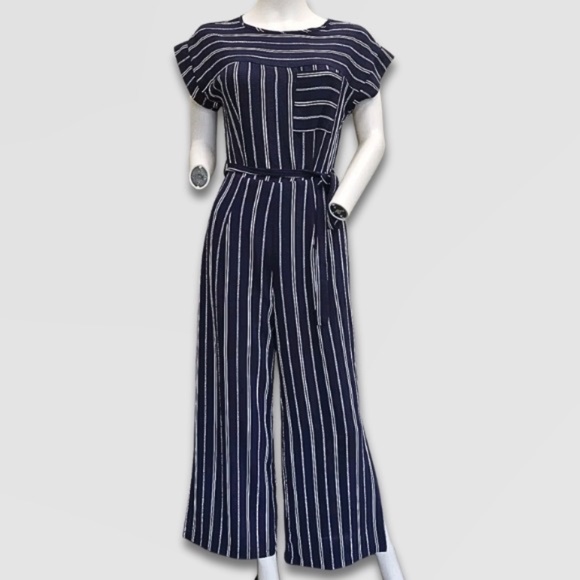 Monteau Jumper Striped Cap Sleeves Belted Wide-Leg Navy/White Women’s Medium NWT - Picture 1 of 8